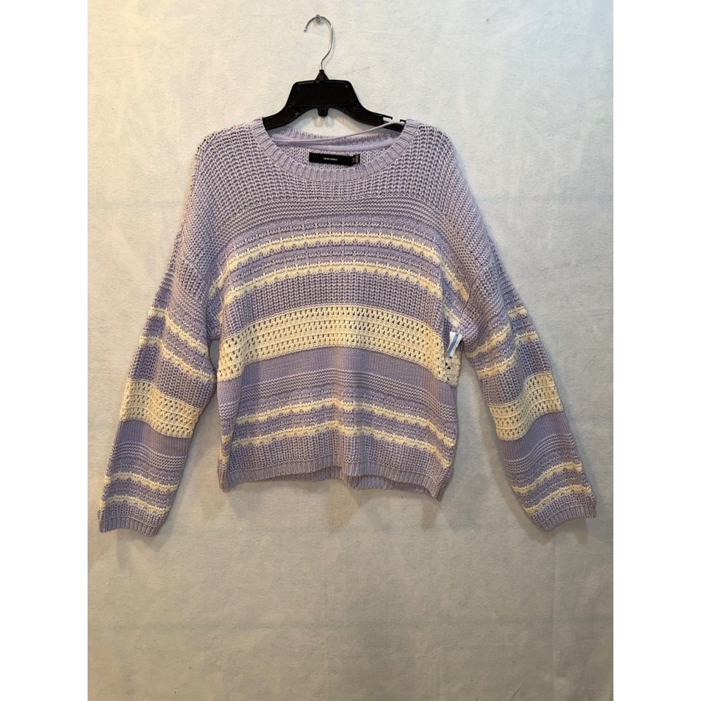 VERO MODA Striped Knit Pullover Sweater Lavender Cream Crochet Detail Women XL